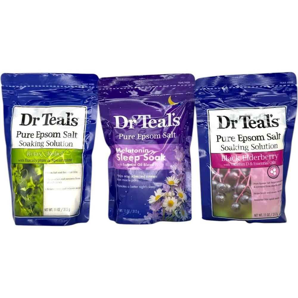 Dr Teal's Epsom Salt Bath Soak Gift Set 3pc Relax Relief Melatonin & Elderberry